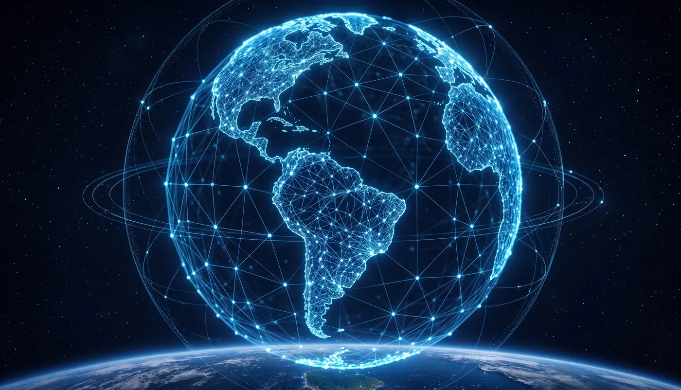 Globo terrestre formado por uma rede de pontos e conexões luminosas