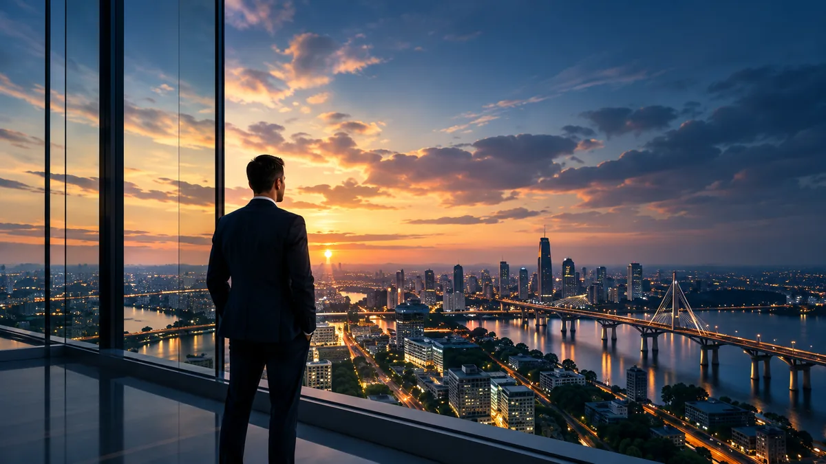 Executivo observando uma cidade ao entardecer a partir de um edifício envidraçado